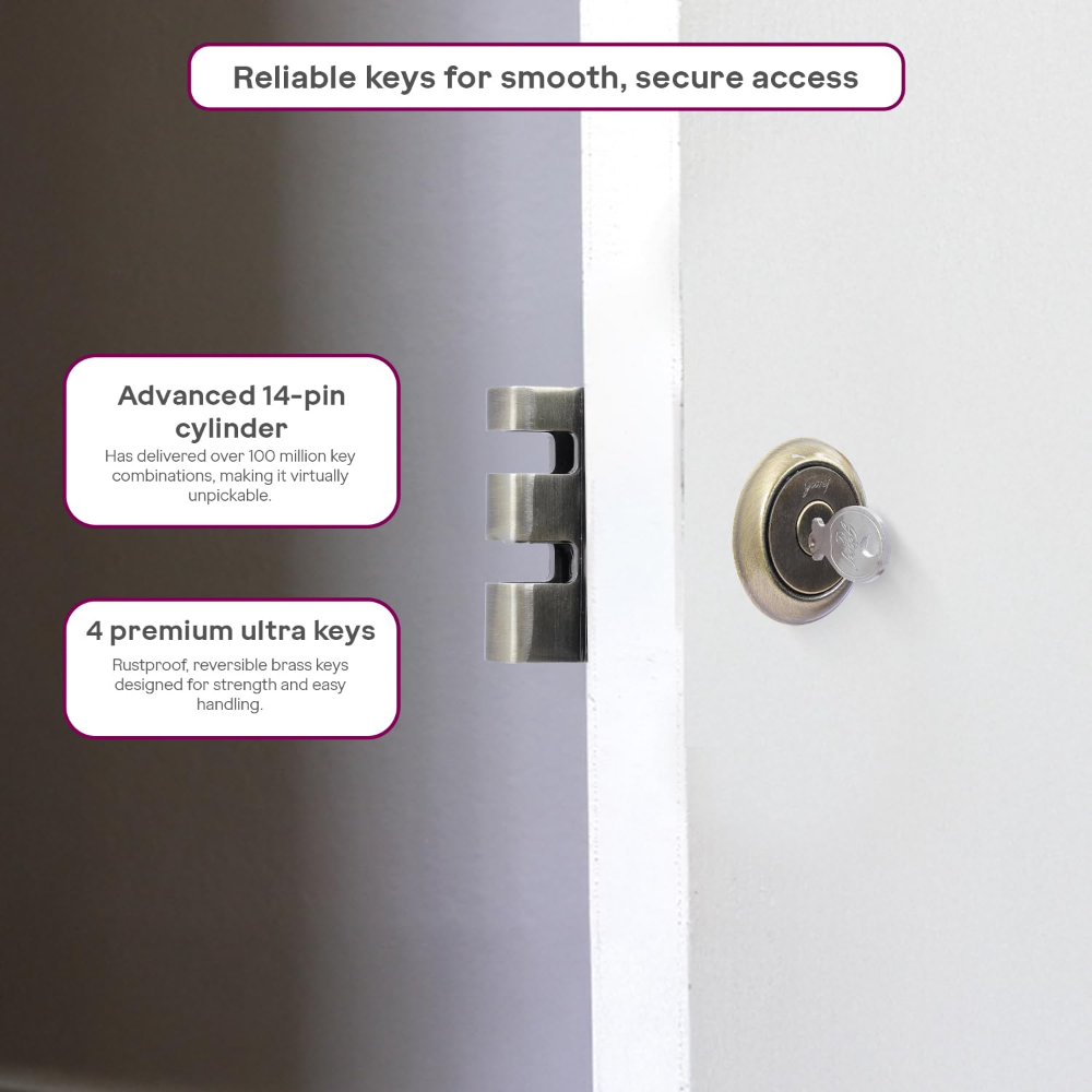 Godrej Rim Lock | Vertibolt Ultra Lock For Wooden Main Door | 1CK Deadbolt | 14 Pin Cylinder | For Inside Opening or Double Dooror Sliding Door | 4 Keys | 5 Yr Warranty | Manual Locking | Antique Brass